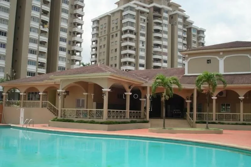 Exterior type: mid-rise condominium; features: swimming pool, pool deck with loungers, clubhouse, manicured landscaping, palm trees, two-storey building, terracotta tiled roof, balconies on upper floors, glass sliding doors, outdoor seating area; style: modern.