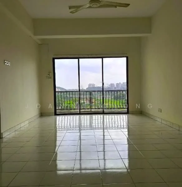 Living features: white painted walls, glossy ceramic tile flooring, 5-blade ceiling fan, floor-to-ceiling windows, sliding glass door, balcony access, city view, natural light; view: city.