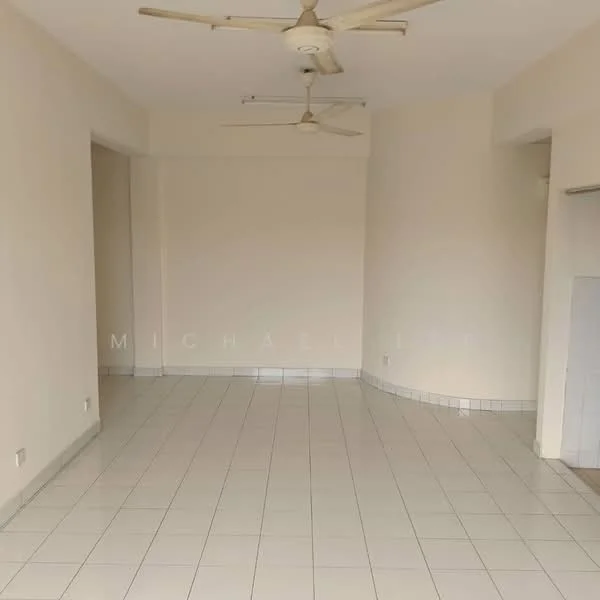 Living features: white painted walls, ceramic tile flooring, 2 ceiling fans, no visible furniture, neutral color scheme, corner with kitchen area, open layout, natural light from windows.