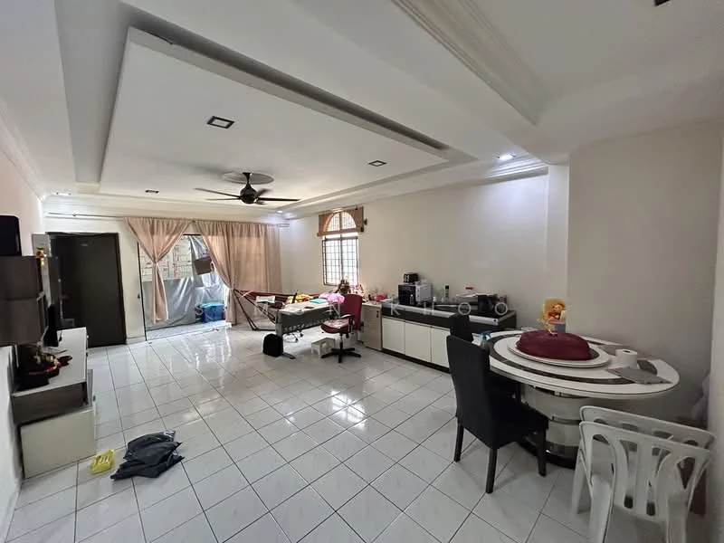 Living features: white painted walls, glossy white tile flooring, tray ceiling with recessed lighting, 5-blade ceiling fan, large window with sheer curtains, dining table with circular top, black dining chairs, white cabinetry, kitchen appliances visible, decorative items on shelves, open layout to adjacent area; style: modern; view: garden.