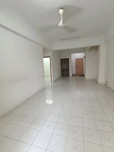 Room features: white painted walls, glossy white floor tiles, 5-blade ceiling fan, doorway leading to another room, doorway leading to bathroom, natural light from windows, neutral color scheme, high ceiling; style: minimalist.