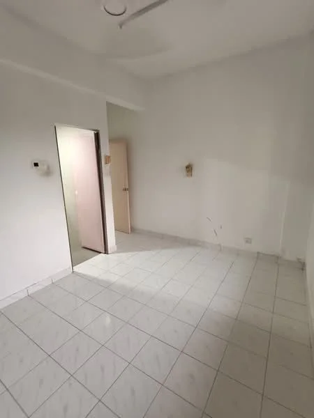 Room features: white painted walls, white ceiling, marble tile flooring, single door, light fixture on ceiling, empty space, no visible furniture, neutral color scheme; style: minimalist.