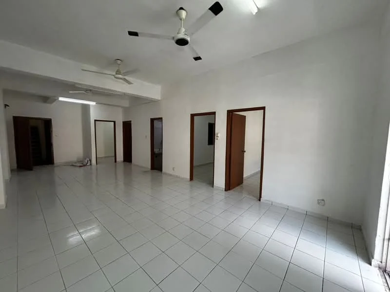 Room features: white painted walls, glossy white tile flooring, 2 ceiling fans, multiple doorways, large windows, neutral color scheme, open layout, no visible furniture; style: minimalist.