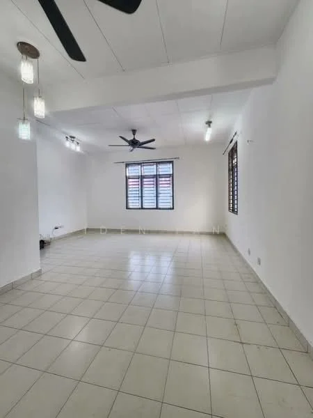 Room features: white painted walls, tile flooring, 5-blade ceiling fan, 2 ceiling-mounted light fixtures, window with horizontal slats, multiple electrical outlets, corner space for furniture, neutral color scheme; style: modern.