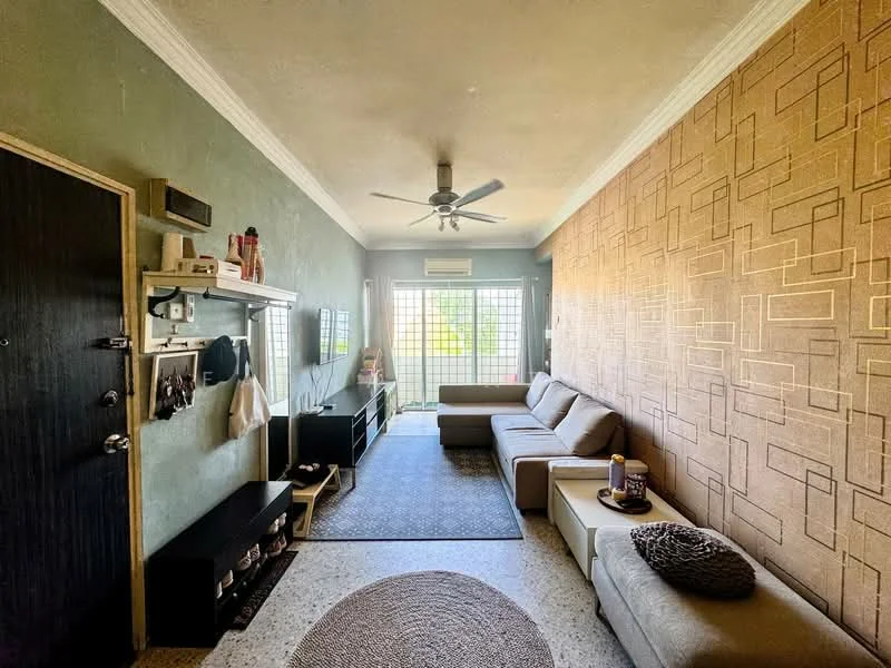 Living features: light green painted walls, accent wall with geometric pattern, ceiling fan, sofa in light grey, coffee table, TV console, wall-mounted TV, area rug, large window with grille, decorative items on shelves, sliding glass door leading to outdoor area; style: modern; view: garden.