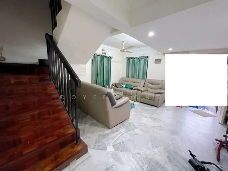 Living features: 3-seater fabric sofa in beige, 2-seater fabric sofa in beige, marble tile flooring, white painted walls, green curtains, ceiling fan, recessed downlights, wooden staircase, decorative wall, open layout; style: modern.