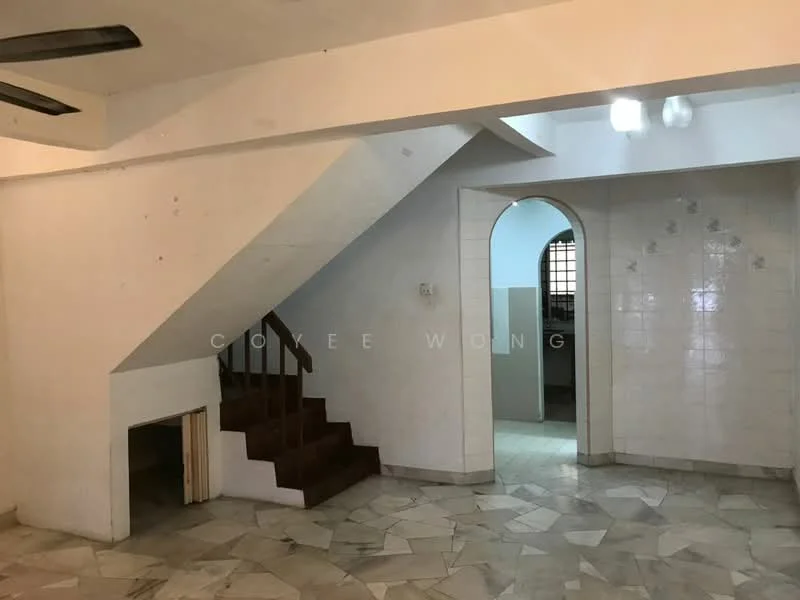 Room features: white painted walls, exposed ceiling beams, marble tile flooring, staircase with wooden steps, arched doorway, tile cladding on walls, window with grid pattern, light fixtures on ceiling; style: traditional.