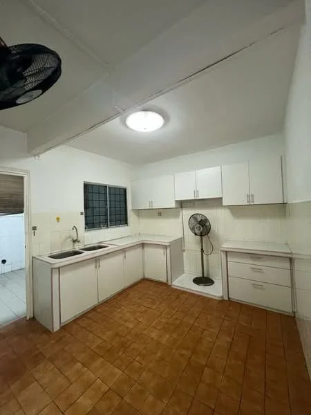Kitchen features: white cabinetry, laminate countertop, single-bowl stainless-steel sink, chrome pull-down faucet, built-in cabinets, floor-mounted fan, tile backsplash, ceramic tile flooring, recessed ceiling light, window with security bars.