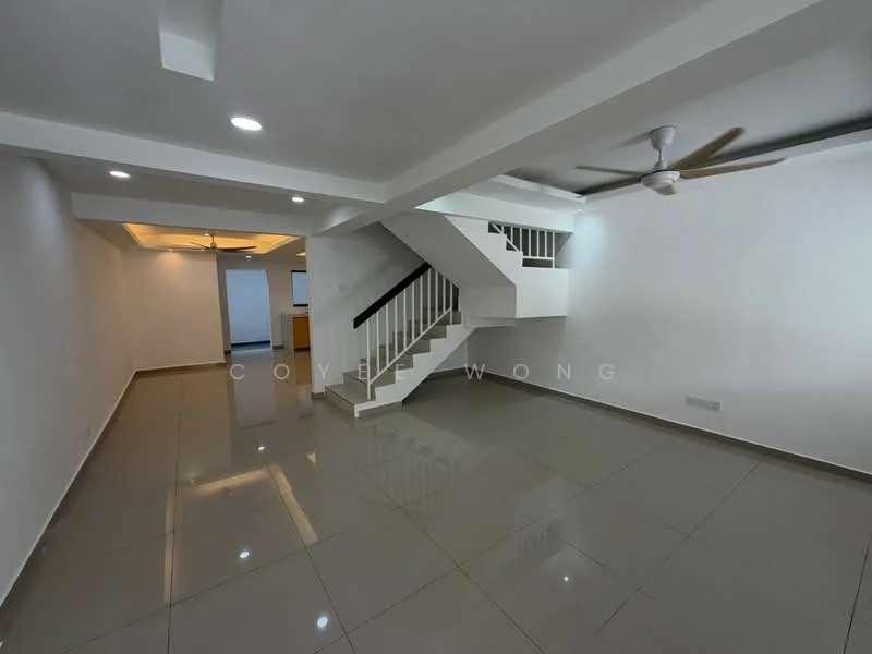 Living features: white painted walls, polished ceramic tile flooring, 5-blade ceiling fan with light, staircase with white railing, recessed downlights, open layout, large windows for natural light, neutral color scheme; style: modern.