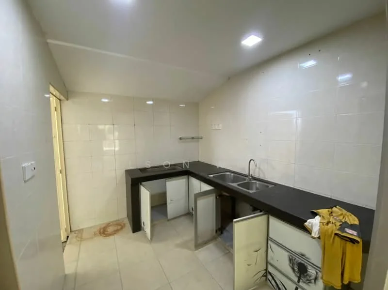 Kitchen features: double-bowl stainless-steel sink, chrome pull-down faucet, black countertop, white tiled walls, white tiled flooring, under-cabinet lighting, open cabinetry, no visible appliances; style: modern.