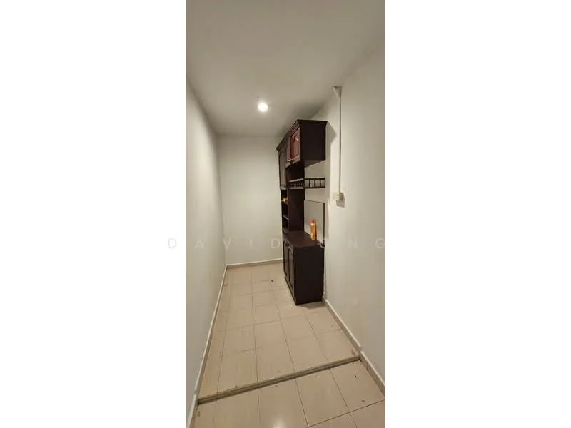 Room features: white painted walls, tile flooring, built-in shelving unit, single overhead light fixture.