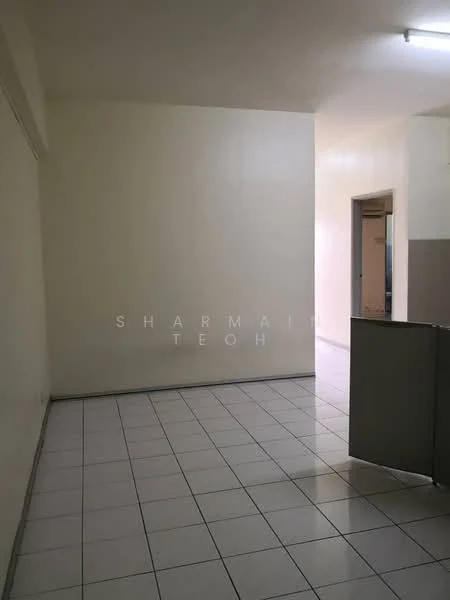 Room features: white painted walls, tile flooring, fluorescent ceiling light, open layout, neutral color scheme.