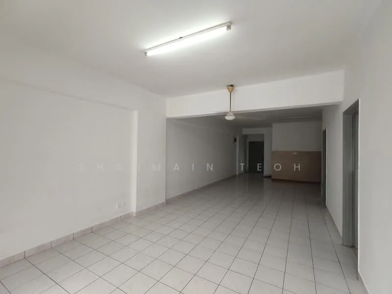 Room features: white painted walls, tile flooring, fluorescent ceiling lights, ceiling fan, open layout, neutral color scheme, no visible furniture, large open space; style: minimalist.