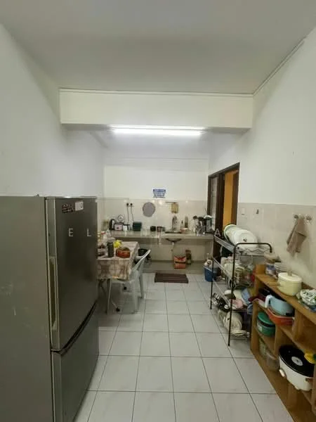 Kitchen features: stainless-steel fridge, white tiled flooring, white painted walls, kitchen countertop, wall-mounted cabinets, open shelving, sink, kitchen utensils, dining table, stool, various kitchen appliances.