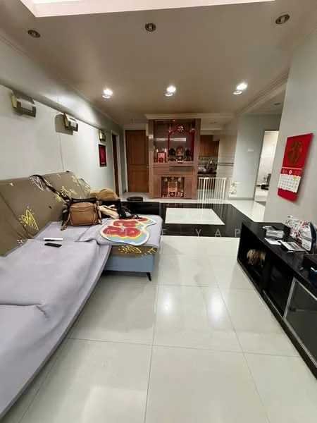 Living features: grey fabric sofa, white marble tile flooring, recessed downlights, wall-mounted TV, black TV console, decorative wall art, open-plan layout to kitchen, built-in cabinetry, light-colored walls; style: modern.