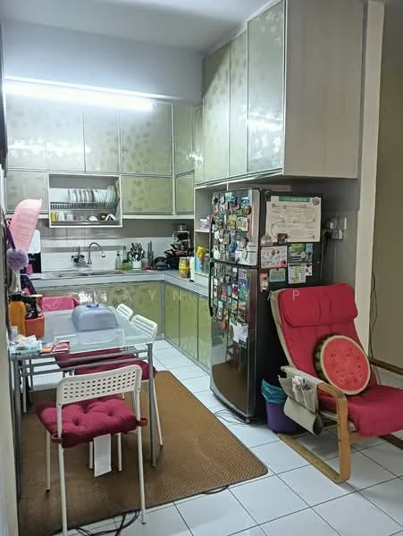 Kitchen features: green cabinetry with floral pattern, white tiled backsplash, stainless-steel sink, chrome pull-down faucet, built-in oven, freestanding refrigerator, glass dining table, 4 white plastic chairs, red upholstered chair, brown area rug, wall-mounted shelves, kitchen utensils on countertop; style: modern.