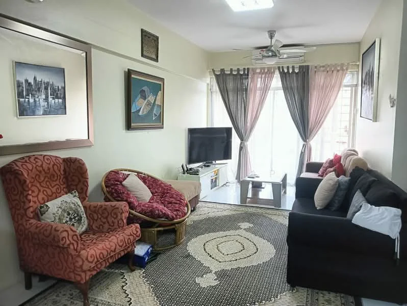 Living features: 3-seater fabric sofa in black, 2-seater fabric sofa in grey, armchair with patterned upholstery, coffee table, area rug with geometric pattern, floor-to-ceiling windows, sheer curtains, ceiling fan with light, wall-mounted TV, decorative wall art, framed artwork, light-colored walls, wooden flooring; style: contemporary.