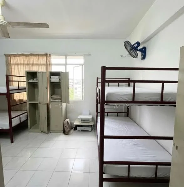 Bedroom features: bunk beds with metal frames, white bedding, ceiling fan, window with sheer curtains, light-colored walls, tile flooring, built-in wardrobe, stacked storage boxes; style: minimalist.