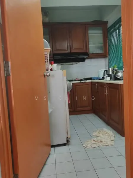 Kitchen features: wood cabinetry, white tiled backsplash, black countertop, stainless-steel fridge, built-in gas stove, sink with faucet, ceramic tile flooring, window with blinds, kitchen utensils on countertop, dish rack, floor-mounted cabinet, open shelving; style: traditional.