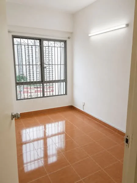 Room features: white painted walls, glossy tile flooring in orange, floor-to-ceiling windows, metal window grills, LED strip lighting, single electrical outlet, no visible furniture, city view from window; style: modern; view: city.