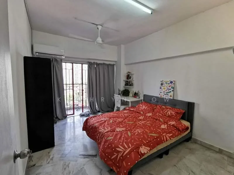 Bedroom features: king-size bed with red floral bedding, marble flooring, white painted walls, ceiling fan, 1 wall-mounted split AC, floor-to-ceiling windows, grey curtains, decorative wall shelf, nightstand, artwork on wall; style: modern; view: city.