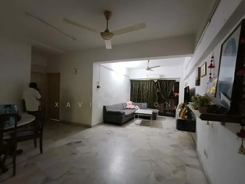 Living features: marble flooring, white painted walls, 5-blade ceiling fan, sofa in grey, coffee table, TV console, curtains in dark green, decorative wall shelf, wall-mounted TV, area rug; style: modern. Dining features: dining table, wooden chairs.
