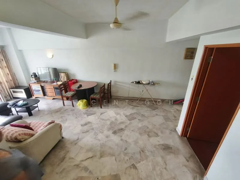 Living features: marble flooring, white painted walls, 5-blade ceiling fan, sofa with cushions, wooden dining table with chairs, TV console, television, curtains, decorative wall light, open space layout; style: modern.