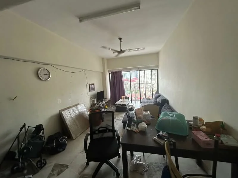 Living features: cream painted walls, marble flooring, 5-blade ceiling fan, floor-to-ceiling windows, curtains, sofa, coffee table, dining table, office chair, wall clock, various items on table; view: city.