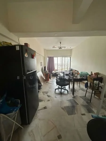 Room features: black refrigerator, marble flooring, ceiling fan, dining table, office chairs, curtains, large window, various items on the floor.