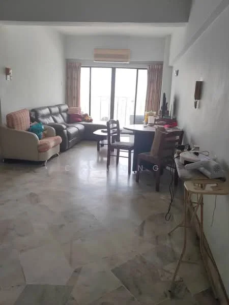 Living features: grey leather sofa, beige fabric armchair, wooden dining table, wooden dining chairs, floor-to-ceiling windows, curtains, marble flooring, wall-mounted TV, decorative wall shelf, air conditioning unit; style: modern; view: city.