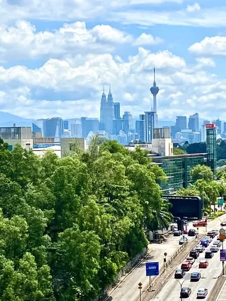 Exterior features: city skyline, greenery in foreground, high-rise buildings, traffic on road, clear blue sky, clouds; style: modern.