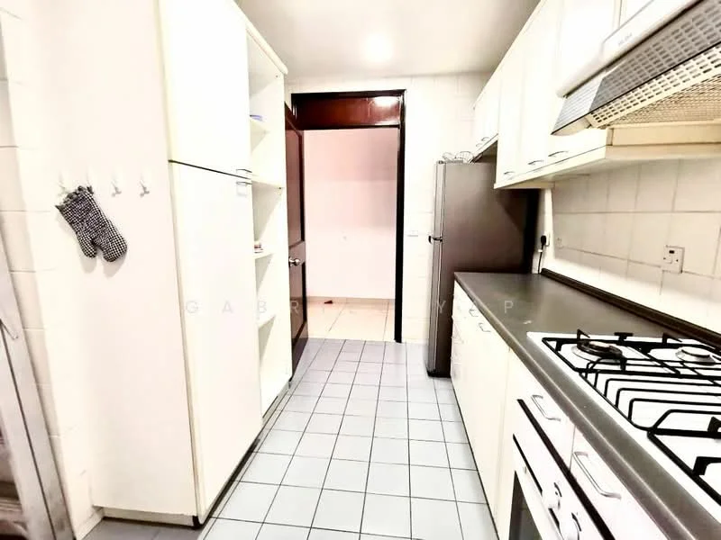 Kitchen features: white cabinetry, stainless-steel refrigerator, 4-burner gas hob, stainless-steel range hood, grey tiled flooring, white tiled walls, single-bowl stainless-steel sink, wall-mounted cabinets, countertop with backsplash, oven, hanging oven mitt, doorway leading to another room; style: modern.