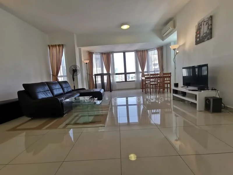 Living features: black leather sectional sofa, glass coffee table, white TV console, wall-mounted TV, floor-to-ceiling windows, sheer curtains, recessed ceiling lights, dining table with chairs, tile flooring, ceiling-mounted air conditioning unit, decorative wall art; style: modern; view: city.