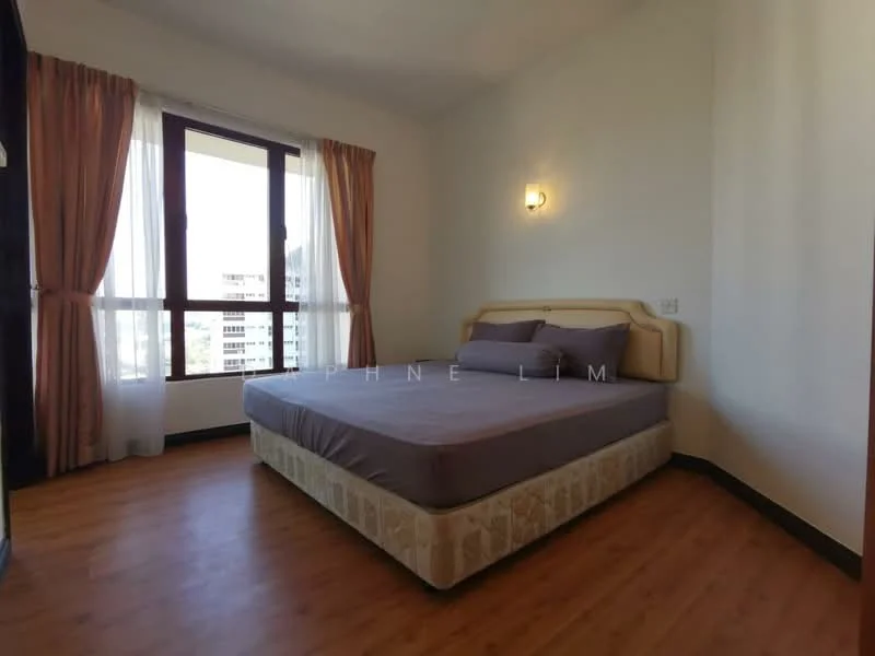Bedroom features: queen-size bed with upholstered headboard, wooden flooring, floor-to-ceiling windows, sheer curtains, wall-mounted light fixture, decorative wall, neutral wall color, corner view; style: modern; view: city.