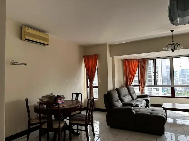 Living features: grey leather sectional sofa, round wooden dining table, 4 wooden dining chairs, floor-to-ceiling windows, orange sheer curtains, wall-mounted air conditioning unit, recessed ceiling light, white painted walls, ceramic tile flooring; style: contemporary; view: city.