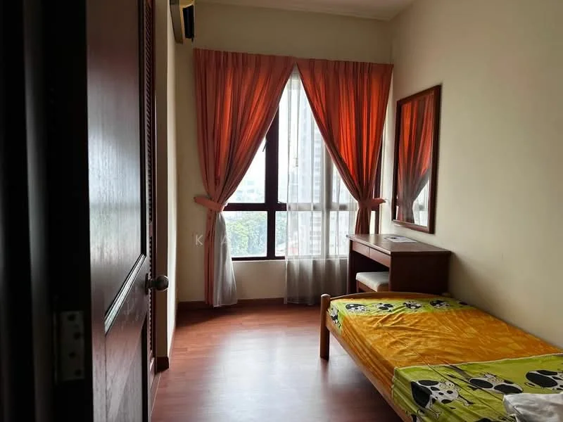 Bedroom features: wooden flooring, cream painted walls, floor-to-ceiling windows, sheer curtains, orange drapes, single bed, wooden bedside table, framed mirror, decorative wall art; style: modern; view: city.