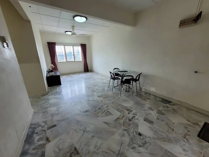 Living features: marble flooring, white painted walls, ceiling fan, recessed downlights, window with sheer curtains, dining table with glass top, four black dining chairs, sideboard, natural light from window; style: modern.