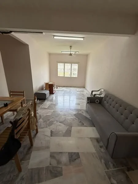 Living features: marble flooring, white painted walls, 5-blade ceiling fan with light, large window with grid pattern, grey fabric 3-seater sofa, wooden dining table with chairs, wooden side table, armchair, decorative items on table; style: modern.