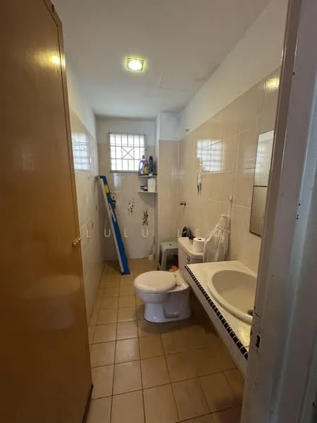 Bathroom features: white tiled walls, cream tiled flooring, bathtub, toilet, sink, mirror, shower area, window with grille, towel rack, storage shelf, light fixture.