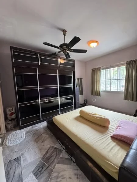 Bedroom features: queen-size bed, upholstered headboard, built-in wardrobe with shelving, ceiling fan with light, window with sheer curtains, marble tile flooring, light fixture on ceiling, decorative pillow on bed.
