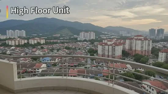 Exterior type: high-rise condominium; features: balcony with railing, city skyline view, surrounded by residential buildings, mountain view in background, open-air balcony, paved flooring on balcony; style: modern.