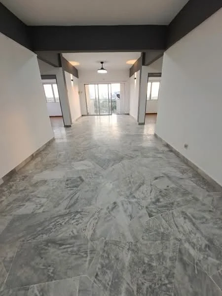 Room features: marble tile flooring, white painted walls, exposed beams, floor-to-ceiling windows, sliding glass door, ceiling fan, natural light, open layout; style: modern; view: city.