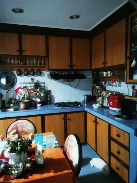 Kitchen features: wood cabinetry, blue countertop, ceramic tile flooring, built-in gas stove, stainless-steel range hood, double-basin sink, microwave, kettle, coffee machine, decorative wall plates, hanging pots and pans, table with floral centerpiece, dining chairs, wall-mounted shelves; style: traditional.