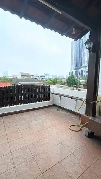 Room features: terracotta tile flooring, wooden ceiling with beams, balustrade with wooden railing, outdoor faucet, city skyline view, open space, light fixture, hanging light; style: modern; view: city.