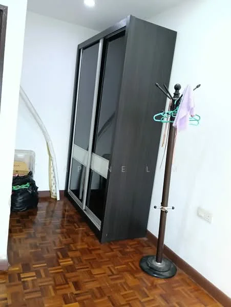 Room features: dark wood wardrobe with sliding doors, clothes rack, parquet wood flooring, white walls, ceiling lights; style: modern.