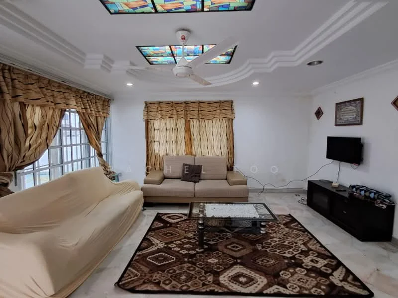 Living features: cream painted walls, marble flooring, tray ceiling, stained glass ceiling panels, 5-blade ceiling fan, 3-seater fabric sofa in beige, 2-seater fabric sofa in beige, glass coffee table, area rug with geometric pattern, TV console, wall-mounted TV, decorative wall art; style: modern.