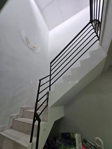 Room features: white painted walls, marble tile flooring, metal railing, staircase, recessed lighting; style: modern.