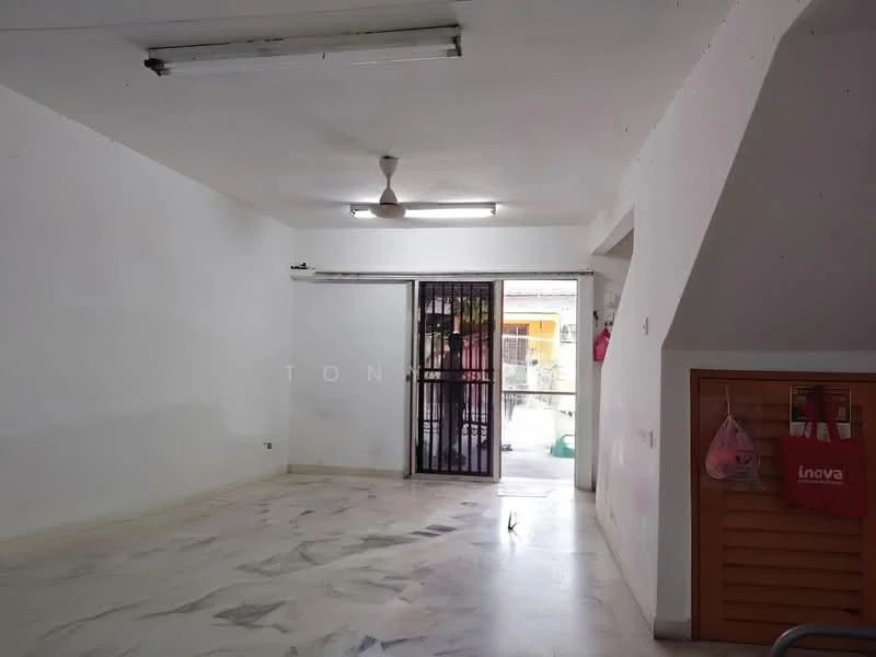 Room features: white painted walls, marble flooring, ceiling fan, sliding glass door, security grille door, natural light from door opening, wall-mounted storage unit, open layout; style: minimalist.