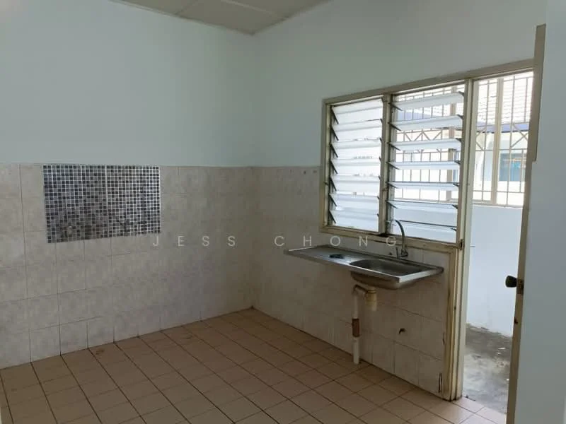 Room features: light blue painted walls, white tiled walls, mosaic tile backsplash, brown tiled flooring, single-bowl sink, window with horizontal slats, natural light from window, counter space below window.