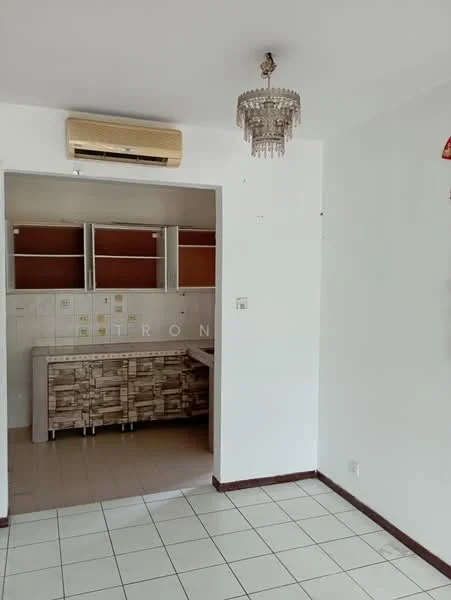 Kitchen features: white painted walls, tile flooring, ceiling with chandelier, wall-mounted split AC, wood cabinetry, countertop with textured finish, open layout to living area, built-in shelving; style: modern.